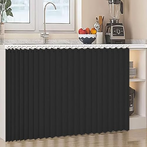 Genérico Cortinas Antipolvo para Estantes Abiertos de Lino Impermeable Cortina para Armario de Cocina para Estante con Riel Deslizante con Puertas Correderas - Autoadhesiva,Negro,W50cm/H50cm