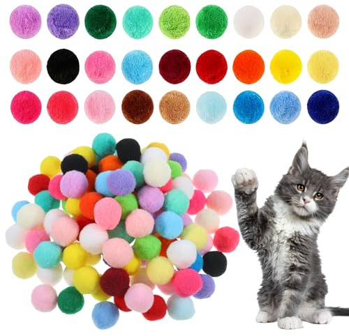 Larrel 100 Pcs Cat Pom Pom Balls, Colorful Cat Puff Ball Toys Fuzzy Balls for Cats Cute Pompoms for Indoor Kitten Playing Exercising or Craft DIY Creative Crafts Decorations(Random Assortment)