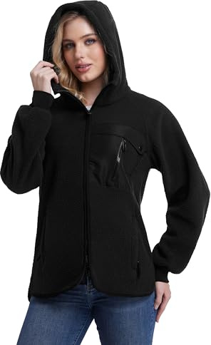 Mnking Damen Fleecejacke mit Kapuze Dicke Warme Polar Fleece Jacke Winter Full Zip Hoodie Winddicht Winterjacke für Outdoor Laufen Wandern Ski FS5563W-Black-S