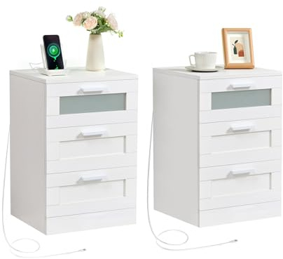 Juego de 2 Mesitas de Noche con Luz LED, Mesa Auxiliar con 3 Cajones, Mesilla de Noche con Puerto USB y Type-C, para Dormitorio o Estudio, Moderno (2,Blanco)