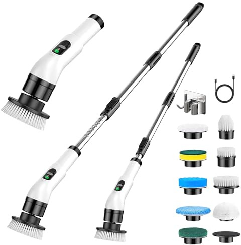 Bizcasa Cepillo Electrico Limpieza Hogar con 9 Cepillo Reemplazables, 2 Velocidades de Rotación y Mango Ajustable, Cepillo de Limpieza eléctrico para Baño/Cocina/Coche (Blanco)