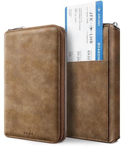VULKIT Funda Pasaporte Familiar para 3-4 Pasaportes Protección RFID Portadocumentos Viaje Mujer & Hombre Porta Pasaport para Billetes, Dinero, Tarjetas, Tarjeta SIM, Bolígrafo - Marrón