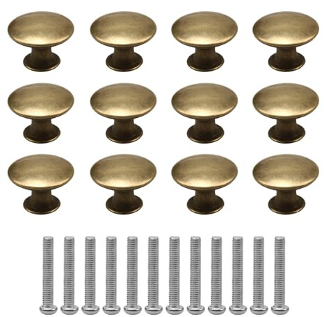 12 Piezas Pomos Vintage de Latón, Tiradores de Muebles Redondos 30 mm, Perillas de Cobre Antiguo para Armarios, Cajón, Puertas y Gabinete, Manijas Decorativas Retro para Cocina, Dormitorio y Baño