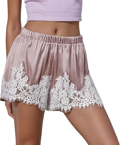 Women Satin Silk Lace Shorts Low Rise Micro Mini Shorts Coquette Lounge Half Slip Pj Bottoms French Knickers Pink XL