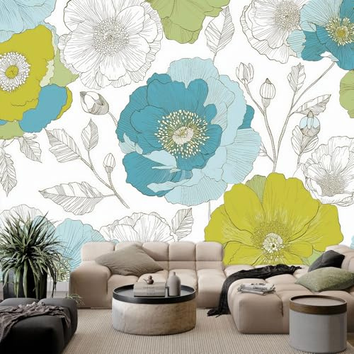 Non-Woven Wall Mural 157 x 110 inch (W x H), Sage Green Photo Wallpaper for Bedroom Living Room Decor -Hand-Drawn Modern Floral Elegant Wallpaper Mural Decorative Poster