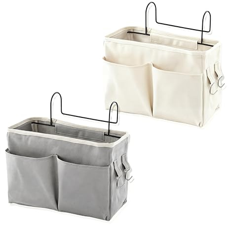 Lirynox Bedside Storage Caddy, 2 Pcs Bedside Hanging Storage Organiser Bag with Hooks and Canvas Pockets Large Capacity Multifunctional Bed Clutter Sorting Bag for Dormitory Bedroom School Bunk Bed