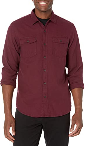 Amazon Essentials Men's Slim-Fit Flannel Long-Sleeve Shirt, Two-Pocket, Plaid, Burgundy Heather, S
