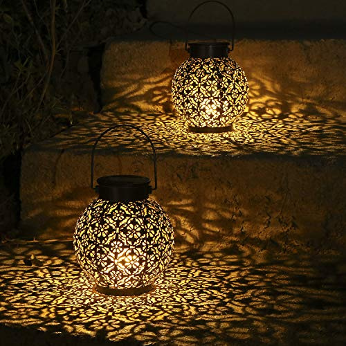 Solar Lanterns Outdoor Hanging Solar Lights Decorative Garden Lights Metal Waterproof Table Lamp for Patio Porch Backyard Pathway (2 Pack)