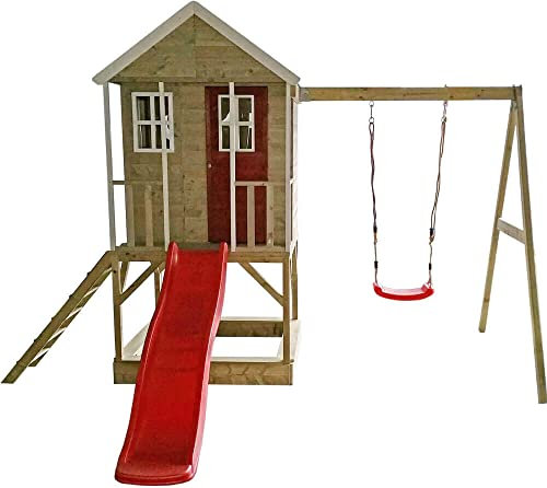 Wendi Toys Holz Stelzenhaus Alpaka | mit roter Rutsche, Schaukel und Sandkasten | Natur | 290x350x242 cm