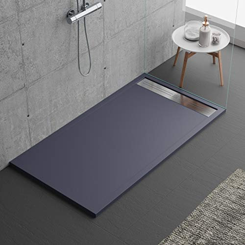 Plato de ducha de color antracita, diseño moderno, modelo Malaga, en mineralmármol con efecto piedra pizarra, luxury, gelcoat, slim 3 cm, gris oscuro