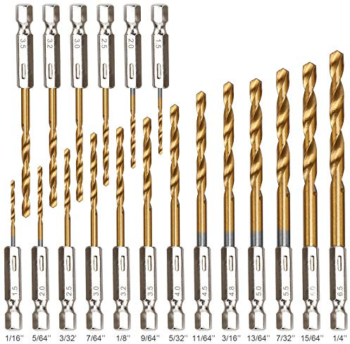YXYL 19-Piece Hex Drill Bit Set, Titanium & HSS High-Speed Steel Hex Shank Quick-Change Twist Drill Bits for Wood (1/16-1/4)
