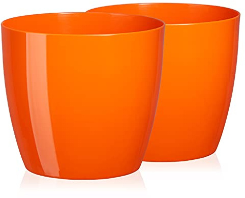 TYMAR Juego de 2 maceteros de plástico de diseño moderno redondo (naranja, diámetro de 28 cm)