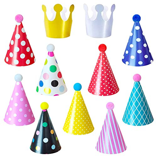 Jiosdo Birthday Party Hats, 11Pcs Cone Birthday Hats with Pom Poms, DIY Birthday Crown Paper Hats Christmas New Year Party Hats for Adults Kids Pets (9 Hats and 2 Crowns)