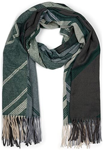 styleBREAKER Bufanda tejida de mujer con patrón geométrico y flecos, cálida estola de invierno multicolor 01017150, color:Verde oscuro-beige-gris