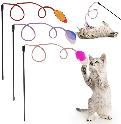 Simarro 3 Pcs Feather Wand Toys, Interactive Teaser for Indoor Cats, Colorful Kitten Stick Toy for Play Chase Exercise