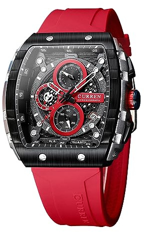 FORSINING Orologio da polso da uomo, analogico, al quarzo, alla moda, rettangolare, grande quadrante, cinturino in silicone, impermeabile, orologio militare con calendario e data, Rosso, Cinturino