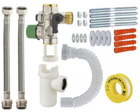 Groupe de sécurité droit norme NF 20x27 (3/4) siège teflon anti-calcaire + siphon + flexibles d'alimentation + flexible évacuation + teflon + fixations murale chauffe eau/cumulus NOYON & THIEBAULT