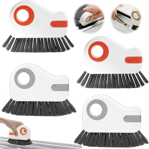 4 Stück 2-in-1-Rillenreinigungsbürste, Fugenbürste, Multifunktions Fugenreinigungsbürste mit Harten Borsten und Verstecktem Schaber, Fugenreiniger Griffbürste für Fenster Küchen Badezimmer,Grau+Orange