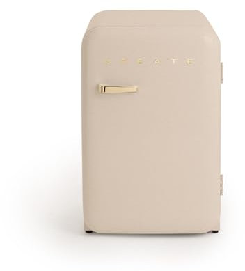 CREATE / RÉTRO FRIGO 83.5 ARGENT/Réfrigérateur sable avec poignée or / 98W, basse consommation, 2 étagères, régulateur de température, porte-bouteilles, 56x54x84cm.