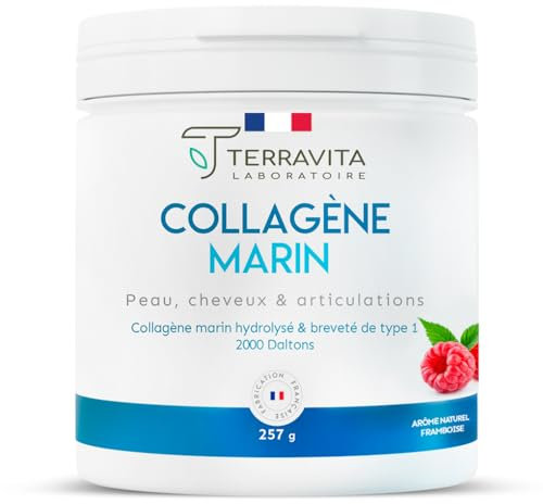 COLLAGÈNE MARIN Breveté en Poudre | 257 Grammes de Peptides de Collagène Purs de Type 1 | Articulations Souples, Peau Lisse et Hydratée | Goût Framboise | Filière 100% Française | Terravita
