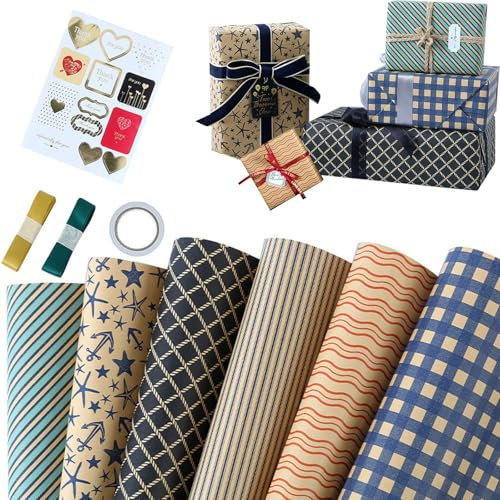 Geburtstag Geschenkpapier Set,70 x 50cm Gefaltet Geschenkpapier,6 Blatt Geometrische Muster für Herren-Geschenkpapier,DIY Geschenkpapier Set,mit Geschenkanhänger und Bänder,für Weihnachten,Geburtstag