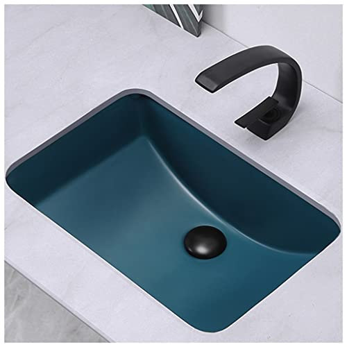 DLAZUM Mattblaues Unterbauwaschbecken aus Keramik, rechteckig, für den Waschtisch, Badezimmerwaschbecken mit Wasserhahn und Abflussset (blau, 52,5 x 37,5 x 20,5 cm)