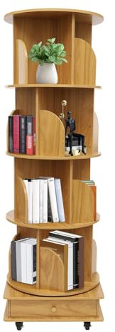TkkMivcOC Drehbares Bücherregal aus Massivholz, Büroregal Dekoregal, Rollende Bücherregale auf Rädern, 360° Universal-Räder Bookshelf mit 4 Ebenen, Büroregal, Dekoregal, 46x46x142cm