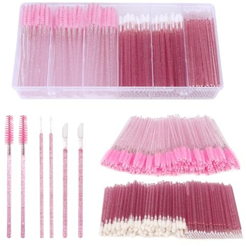 Canvalite 300 Pcs Disposable Mascara Wands Lip Applicator and Micro Brush Bulk Pack, 100 Lash spoolies + 100 Lipstick Wands + 100 Micro Makeup Brushes, Pink