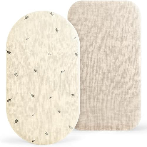 Susurration Musselin Stubenwagen Spannbettlaken 2er Set,100% Baumwolle Bettlaken Kinderwagen Matratzenschoner Spannbettlaken für Kinderwagen 90x50cm (Beige Blatt)