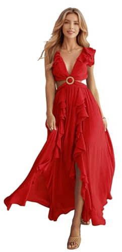 HEYPORK Damen Frühling Sommer Kleider Lässig Bequem Kleid Modern Elegant Röcke Frauen Slim Rückenfreies Kleid V-Ausschnitt Gerafften Schlitz Langen Rock(Rot, M)