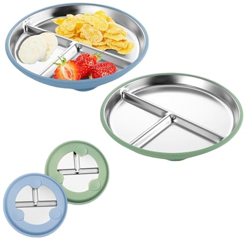 xutong Lot de 2 assiettes en acier inoxydable avec ventouse, bleu et vert | Housses en silicone amovibles, base antidérapante