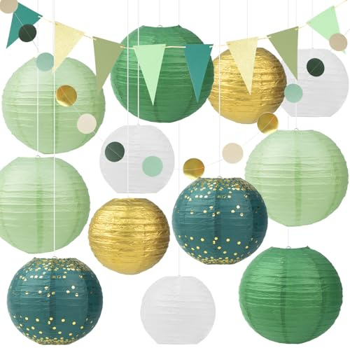 TEUYOE Set di 12 lanterne di carta, lanterna di carta rotonda con bandierine verdi e ghirlanda di carta verde bosco per matrimoni, feste di compleanno, decorazioni per feste in giardino