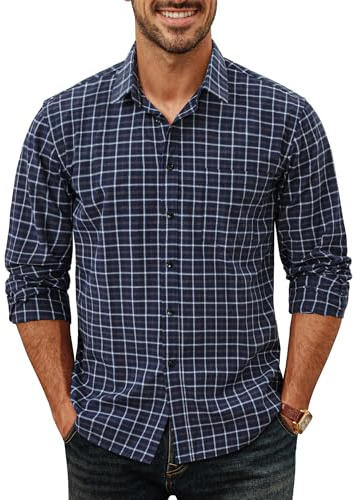 PJ PAUL JONES Camisa a cuadros de manga larga con bolsillo para hombre, Azul Marino-Blanco, L