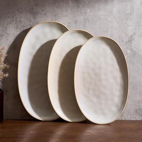 Richmount Ocean Serving Platter, Oval 15.67/14.1/12.6 inch Serving Dishes for Entertaining, Microwave Dishwasher Safe, Stoneware Serving Trays for Party, Turkey, Cheese, Cappuccino White