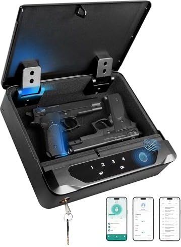 BOOSTEADY Smart Biometric Gun Safe for Handguns, 4 Ways Quick-Access Fingerprint Gun Safe for Pistols, Fingerprint/Digital Keypad/Key/APP Gun Locks Box for 2 Guns, Sturdy Heavy Steel Construction