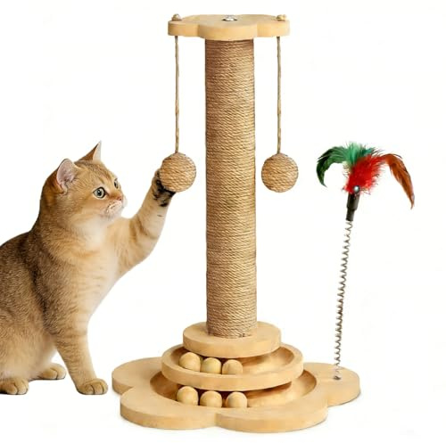 Chiziyixin Cat Scratching Post, Multifunctional Scratching Posts For Indoor Cats, Kitten Sturdy Scratch With Solid Wood Base, 2 Sisal Rope Balls, Spring Feather, Interactive Track Ball Toys, 45cm Tall