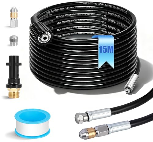 15m Tuyau Déboucheur Canalisation, Furet Deboucheur Canalisation 400 Bar/5800 PSI avec Adaptateur, 2 Buses (Jet et Rotative) et 1 Ruban Téflon, Compatible Kärcher K2-K7 pour Usage Domestique