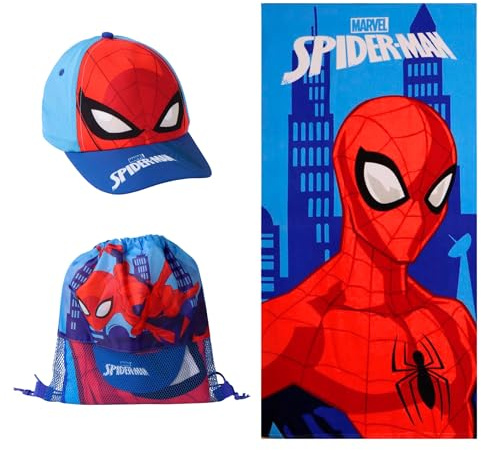 Marvel Spider-Man Set Composto da Cappellino da Baseball, Asciugamano e Zainetto con Coulisse, 3 Pezzi per Bambino, Regalo Estivo per Spiaggia, Piscina e Gite