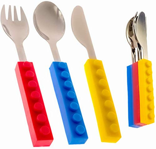 Toddler Utensils and Brick Toys - Set of 3 Interlocking Block Kids Silverware - Toddler Fork and Spoon Set with Toddler Knife-Non-BPA Kids Cutlery and Kid Safe Stainless Steel Silverware（3 Years Up）