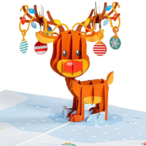 Paper Love 3D Reindeer Pop Up Christmas Card, Gift for Christmas or Holidays, 5 x 7 Cover - Includes Envelope and Removable Note Tag
