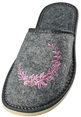 APREGGIO - Zapatillas Fieltro para Mujeres - Suela de Goma Maciza - Cómodas de Llevar - Suaves - Producto 100% Natural - Hechas a Mano (Gris-Rosa, 37)