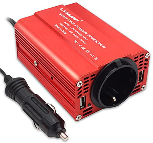 Inversor De Corriente 300W para Coche, Cantonape Transformador De 12v A 220v, Inversor con 1 Toma Enchufe Y 2 Puertos USB De 5V/2.4A para Phone, Pad Y Tableta