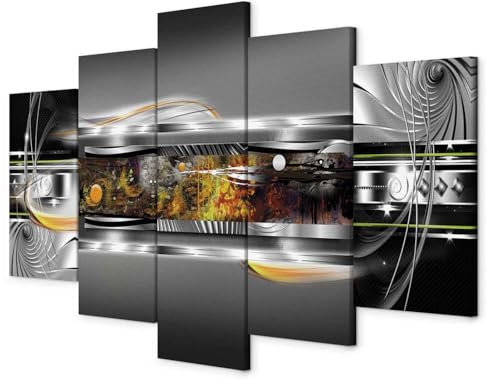 B&D XXL - Akustikbild Abstrakt 5 tlg - Bilder Akustikschaum Schallschutz Wand Deko Kunst Akustikpaneele Wandpaneele Schalldämmung Wandbild Schallabsorber Akustikplatten 3D Effekt silber gelb schwarz