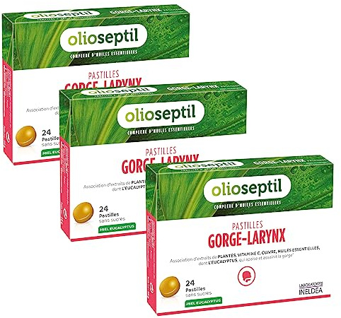 OLIOSEPTIL - Pastilles à Sucer Gorge-Larynx - Apaise et Assainit la Gorge - Sans Sucres Ajoutés - Extraits de Plantes, Vitamine C, Cuivre et Huiles Essentielles - Gout Miel Eucalyptus - Lot de 3