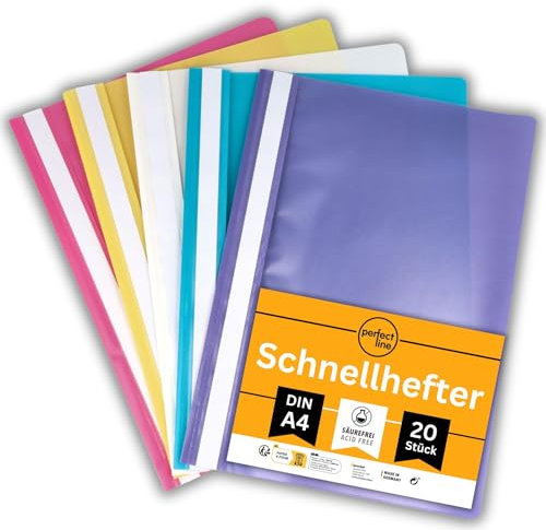 perfect line - 20 Schnellhefter (PP) DIN-A4, 5 Farben, recycelbarer Kunststoff, made in Germany