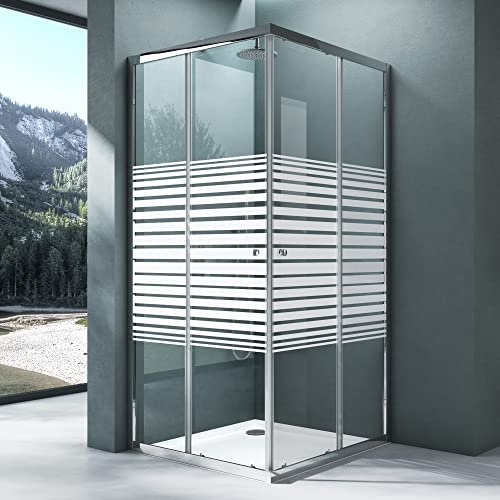 Mai & Mai Cabine de Douche Paroi de Douche avec Deux Portes Coulissantes Verre Trempé de Sécurité Transparent avec Bande Opaque Revêtement Nano Easy Clean RAV16MS-Plus 90x90cm