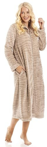 Camille Womens Calf-Length Fleece Zipped Housecoat | Soft & Fluffy Dressing Gown | Long Sleeves, Easy Zip Close, Turn-Over Collar & Pockets | Warm & Comfy | Beige Zebra 10-12