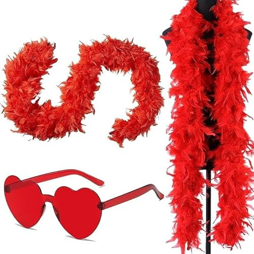 Boa de Plumas de Pavo, Plumas Bufandas de Suaves Mujer Boa de Plumas Rojas Bufandas de Plumas Decorativas para baile, boda, fiesta, cosplay, Halloween, con lentes de sol sin montura de corazón(200CM)