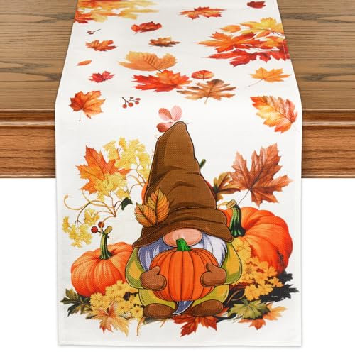 BOOMTOP Runner Tavola Autunno Autunnale 33x180 cm Tovaglia da Tavola Rettangolare in Lino Zucca Gnomi Foglie d’Acero Runner da Tavola Decorativo per Festa Autunnale Ringraziamento Raccolto Halloween