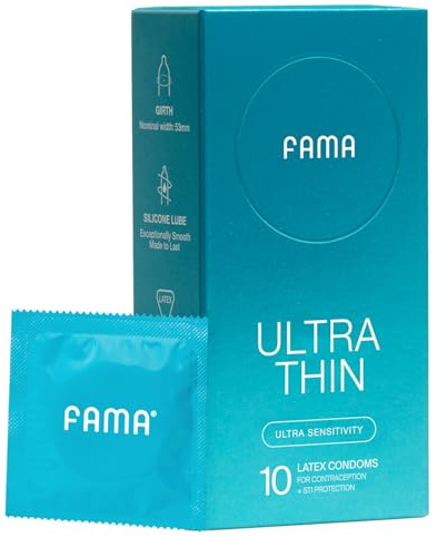 FAMA 0.04mm Ultra Thin Condoms, 10 Pack, Natural Latex (25% Thinner), pH-Balanced & Hypoallergenic, Silicone Lubricated, Odorless, FDA-Cleared